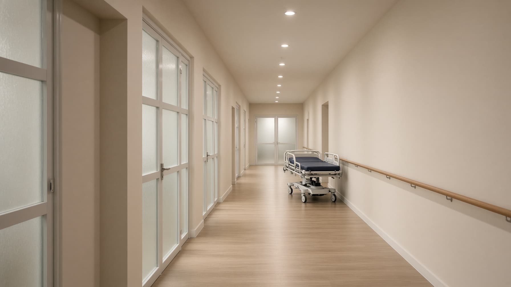 Quiet hospital corridor with cream walls