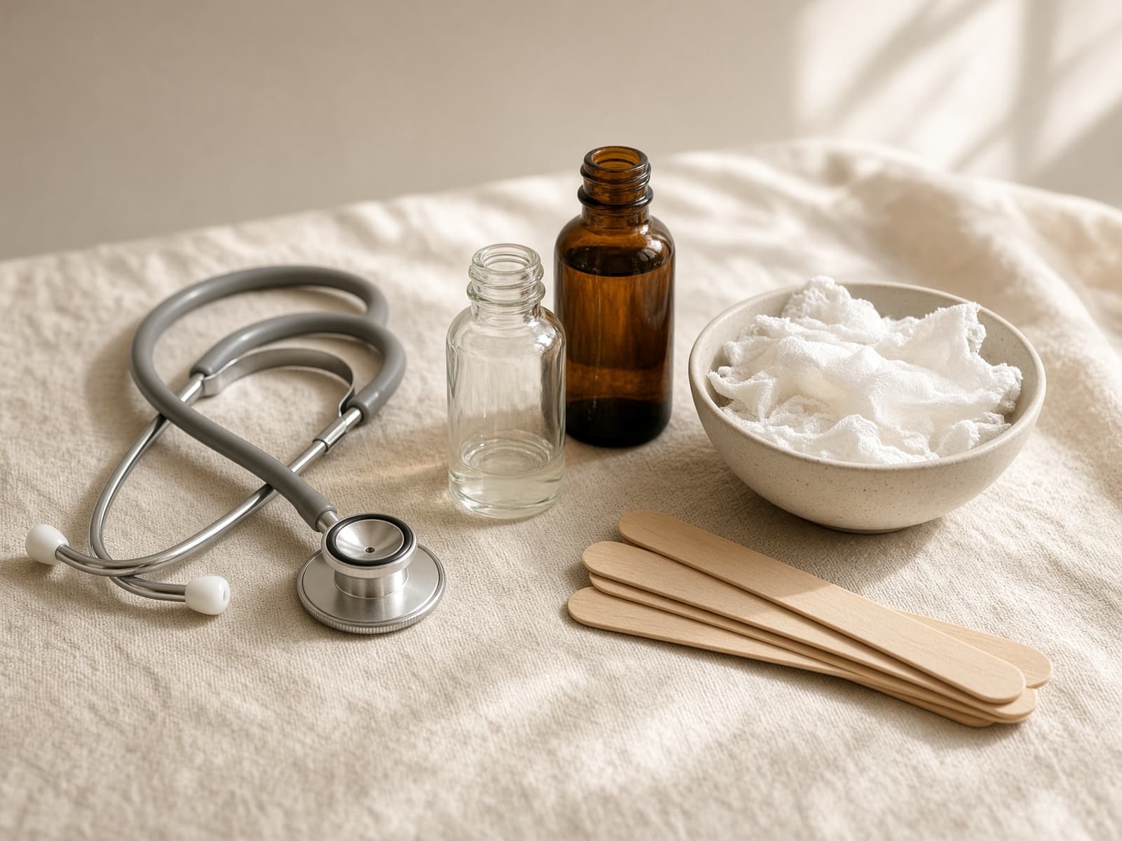 Stethoscope and medicine bottles on cream linen